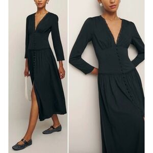 REFORMATION Lillia V Neck Drop Waist Long Sleeve Midi Dress Dark Romantic